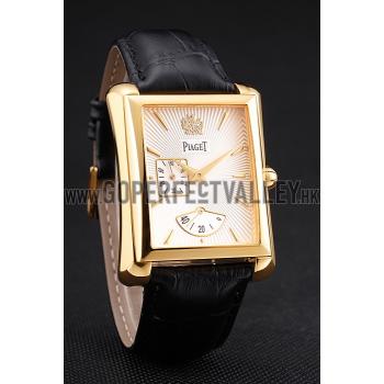 Swiss Piaget Emperador Tourbillon Skeleton Gold Diamond Case Black Leather Bracelet 1453941