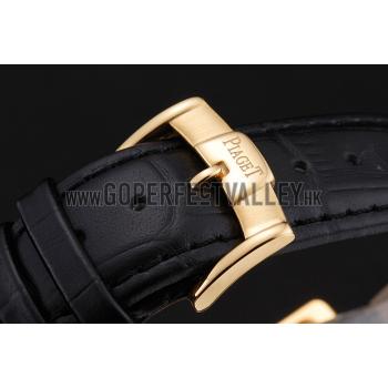 Swiss Piaget Emperador Tourbillon Skeleton Gold Diamond Case Black Leather Bracelet 1453941