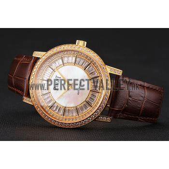 Swiss Piaget Altiplano Diamond Set Gold Case And Pearl Dial Brown Leather Strap 1453745