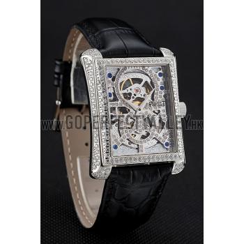 Swiss Piaget Emperador Tourbillon Skeleton Silver Diamond Case Black Leather Bracelet 1453943