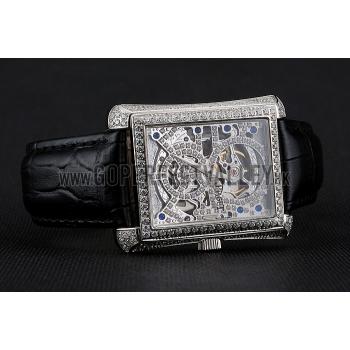 Swiss Piaget Emperador Tourbillon Skeleton Silver Diamond Case Black Leather Bracelet 1453943