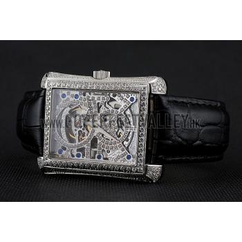 Swiss Piaget Emperador Tourbillon Skeleton Silver Diamond Case Black Leather Bracelet 1453943