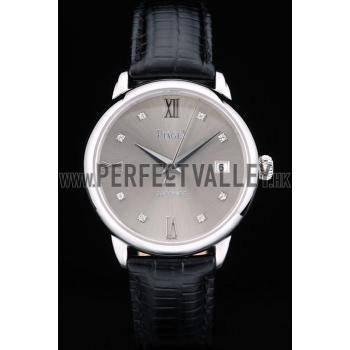 Piaget Swiss Traditional Grey Dial Black Leather Strap 7627