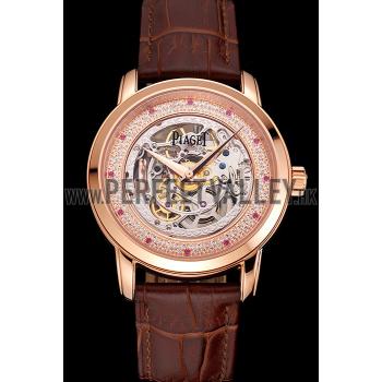 Swiss Piaget Altiplano Skeleton Dial With Diamonds Rose Gold Case Brown Leather Strap