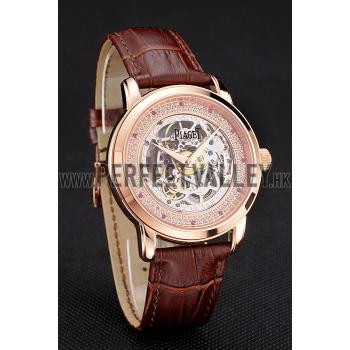 Swiss Piaget Altiplano Skeleton Dial With Diamonds Rose Gold Case Brown Leather Strap