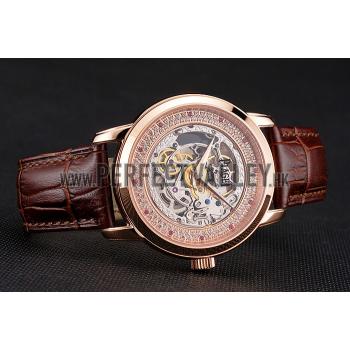 Swiss Piaget Altiplano Skeleton Dial With Diamonds Rose Gold Case Brown Leather Strap