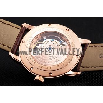 Swiss Piaget Altiplano Skeleton Dial With Diamonds Rose Gold Case Brown Leather Strap