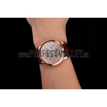 Swiss Piaget Altiplano Skeleton Dial With Diamonds Rose Gold Case Brown Leather Strap