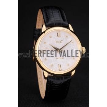 Replica Piaget Swiss Traditional White Radial Pattern Dial Black Leather Strap 7635