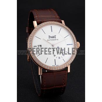 Piaget Altiplano Diamond Gold Case White Dial Brown Leather Bracelet  622627