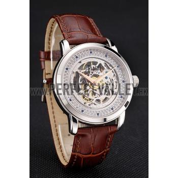 Swiss Piaget Altiplano Skeleton Dial With Diamonds Stainless Steel Case Brown Leather Strap