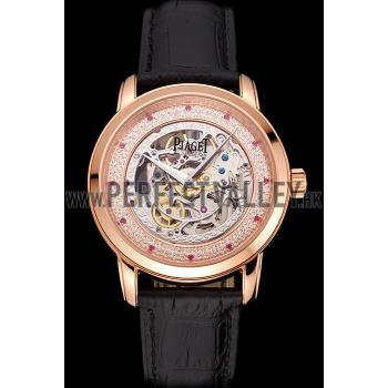 Swiss Piaget Altiplano Skeleton Dial With Diamonds Rose Gold Case Black Leather Strap