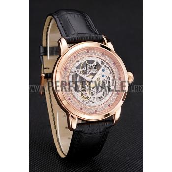 Swiss Piaget Altiplano Skeleton Dial With Diamonds Rose Gold Case Black Leather Strap