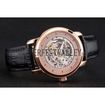 Swiss Piaget Altiplano Skeleton Dial With Diamonds Rose Gold Case Black Leather Strap