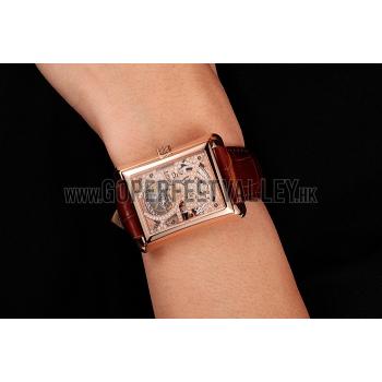 Swiss Piaget Emperador Tourbillon Skeleton Rose Gold Case Brown Leather Bracelet 1453944