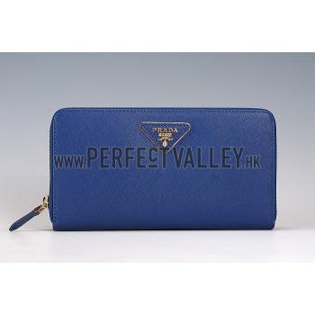 Prada Vernice Saffiano Leather Zip Around Dark Blue Wallet