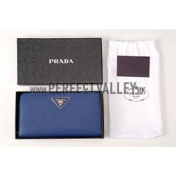 Prada Vernice Saffiano Leather Zip Around Dark Blue Wallet