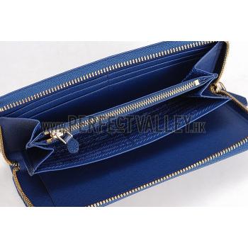 Prada Vernice Saffiano Leather Zip Around Dark Blue Wallet