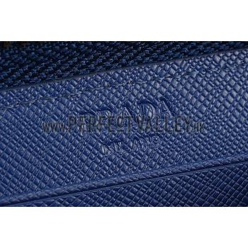 Prada Vernice Saffiano Leather Zip Around Dark Blue Wallet