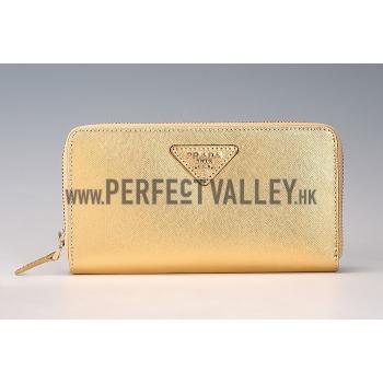 Prada Saffiano Leather Zip Around Small Gold Wallet