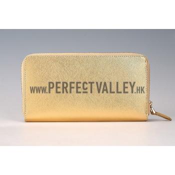 Prada Saffiano Leather Zip Around Small Gold Wallet