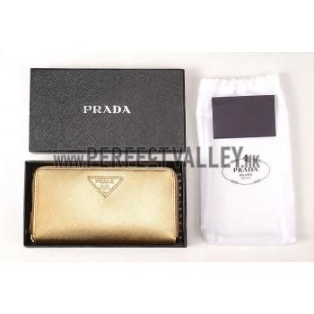 Prada Saffiano Leather Zip Around Small Gold Wallet