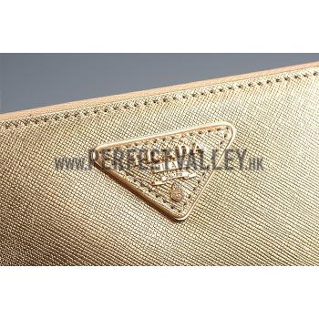 Prada Saffiano Leather Zip Around Small Gold Wallet