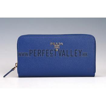 Replica Prada Saffiano Leather Zip Around Dark Blue Wallet