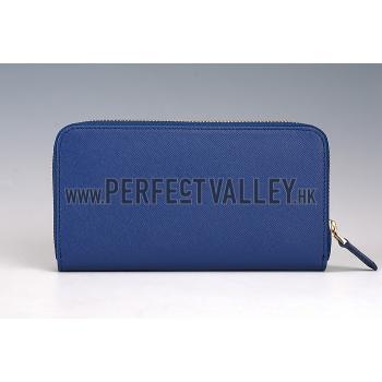 Replica Prada Saffiano Leather Zip Around Dark Blue Wallet