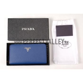 Replica Prada Saffiano Leather Zip Around Dark Blue Wallet