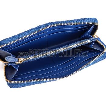 Replica Prada Saffiano Leather Zip Around Dark Blue Wallet