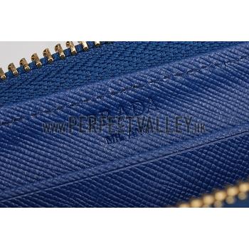 Replica Prada Saffiano Leather Zip Around Dark Blue Wallet