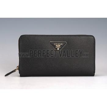 Prada Vernice Saffiano Leather Zip Around Black Wallet