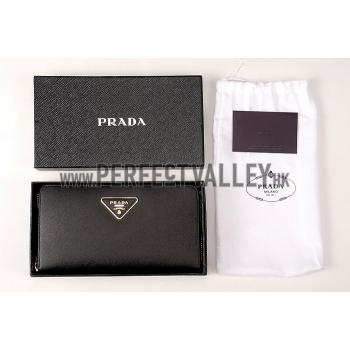 Prada Vernice Saffiano Leather Zip Around Black Wallet