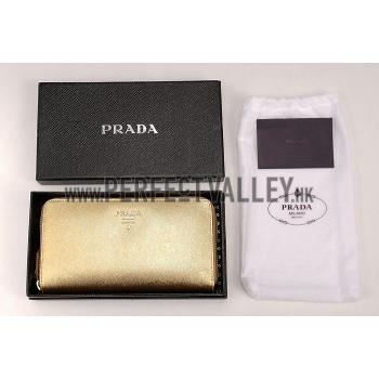 Replica Prada Saffiano Leather Zip Around Gold Wallet