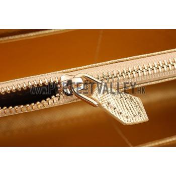 Replica Prada Saffiano Leather Zip Around Gold Wallet