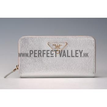 Prada Saffiano Leather Zip Around Small Silver Wallet