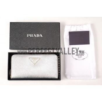 Prada Saffiano Leather Zip Around Small Silver Wallet