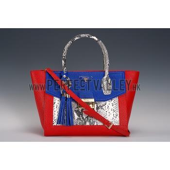 Prada Front Pocket Red - Blue & Python Handles Tote 18926816