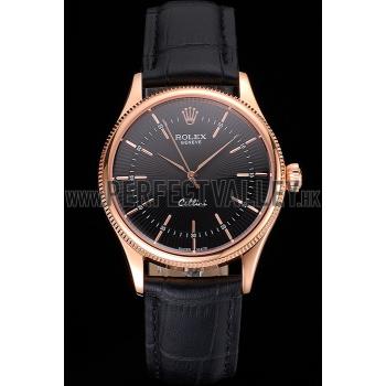 Swiss Rolex Cellini Black Dial Rose Gold Markings Rose Gold Case Black Leather Strap Replica