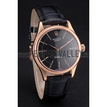 Swiss Rolex Cellini Black Dial Rose Gold Markings Rose Gold Case Black Leather Strap Replica