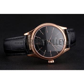 Swiss Rolex Cellini Black Dial Rose Gold Markings Rose Gold Case Black Leather Strap Replica