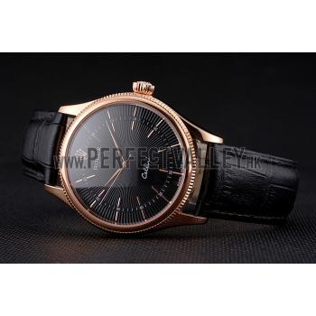 Swiss Rolex Cellini Black Dial Rose Gold Markings Rose Gold Case Black Leather Strap Replica