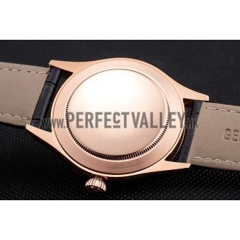 Swiss Rolex Cellini Black Dial Rose Gold Markings Rose Gold Case Black Leather Strap Replica