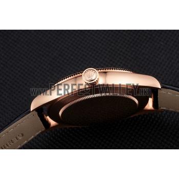 Swiss Rolex Cellini Black Dial Rose Gold Markings Rose Gold Case Black Leather Strap Replica