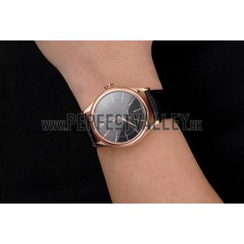 Swiss Rolex Cellini Black Dial Rose Gold Markings Rose Gold Case Black Leather Strap Replica