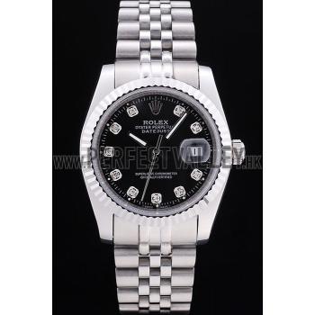 Rolex Datejust Black Dial Diamonds Ribbed Bezel 7458