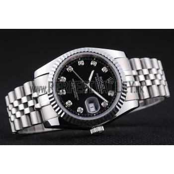 Rolex Datejust Black Dial Diamonds Ribbed Bezel 7458