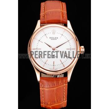 Swiss Rolex Cellini White Dial Rose Gold Case Brown Leather Strap