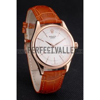 Swiss Rolex Cellini White Dial Rose Gold Case Brown Leather Strap